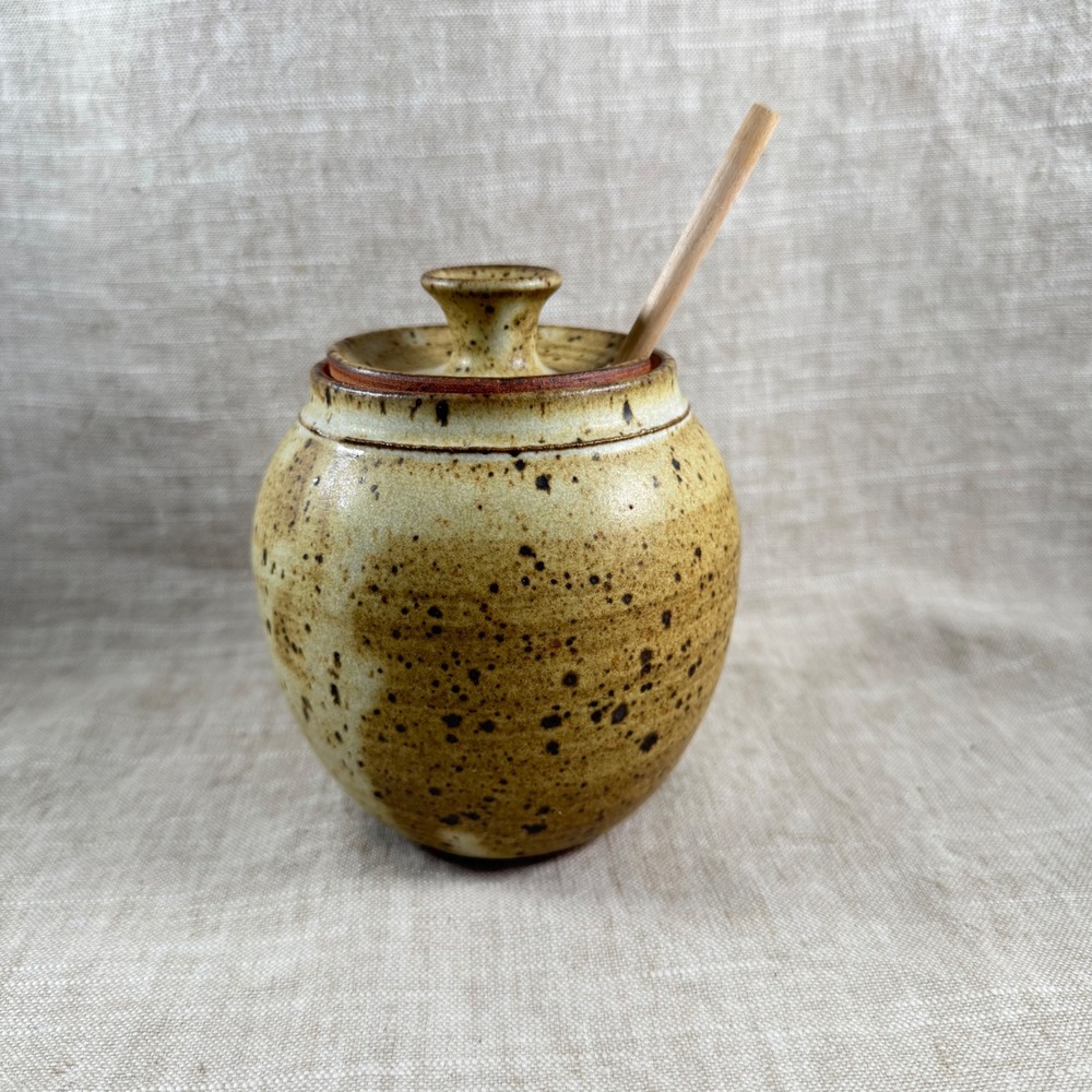 Vintage Studio Pottery Lidded Jar Spoon Speckled Ceramic Signed